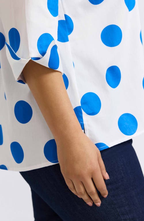Foxcroft Agnes Dot Print Three-quarter Sleeve Cotton Popover Top In White/blue