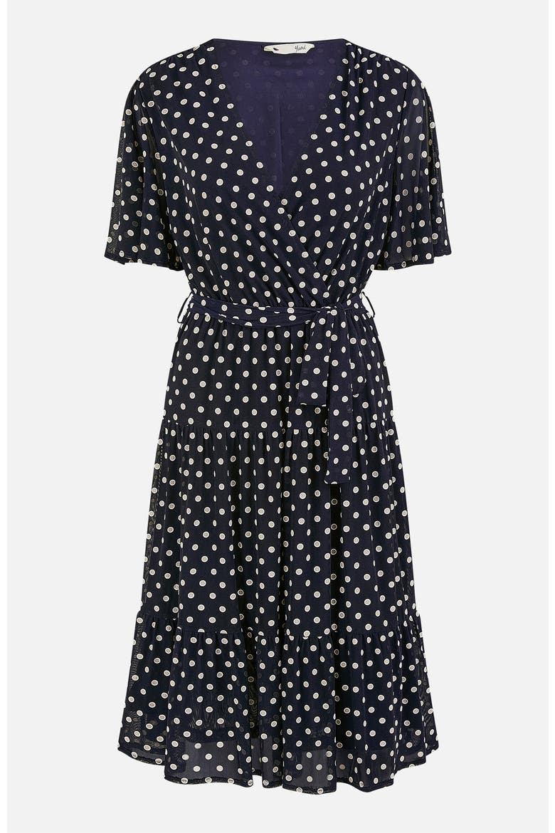 Dot Print Mesh Stretch Midi Skater Dress, Alternate, color, Navy