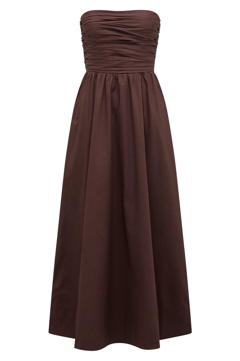 Siara Strapless Ruched Midi Dress, Alternate, color, CHOCOLATE