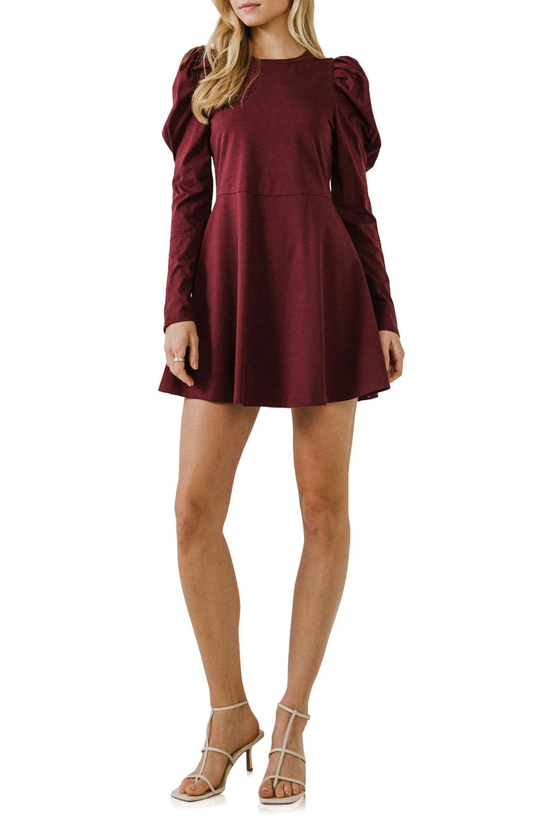 English Factory Long Puff Sleeve Minidress, Main, color, Burgundy