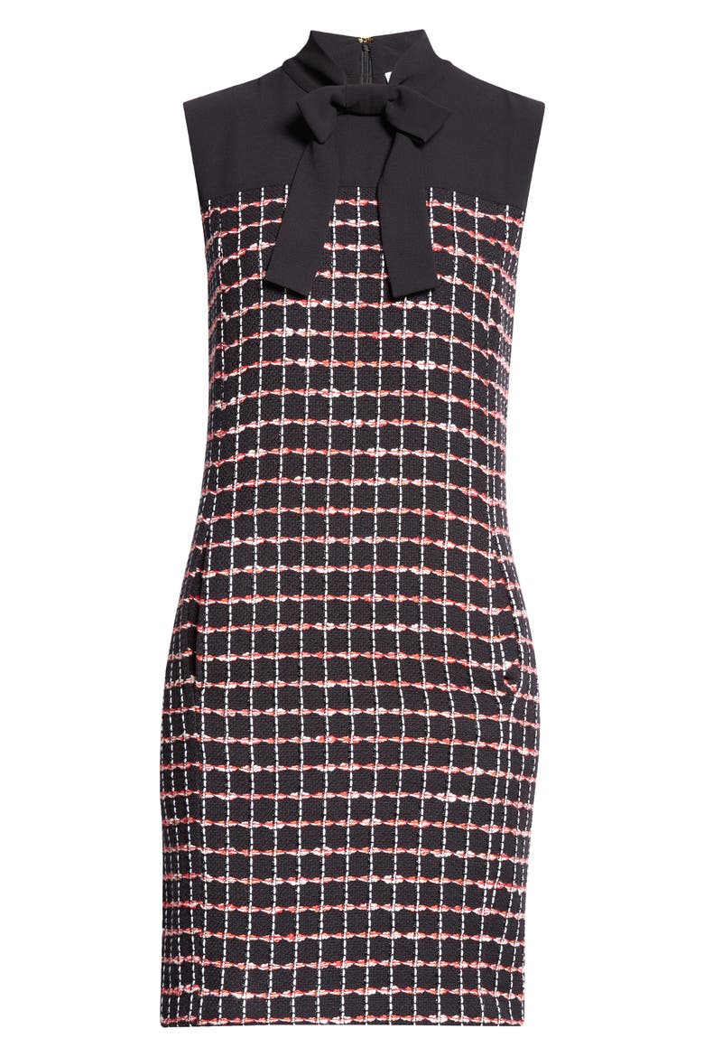 Windowpane Check Mixed Media Sleeveless Sheath Dress, Alternate, color, BLACK/ HAUTE RED/ PEARL MULTI