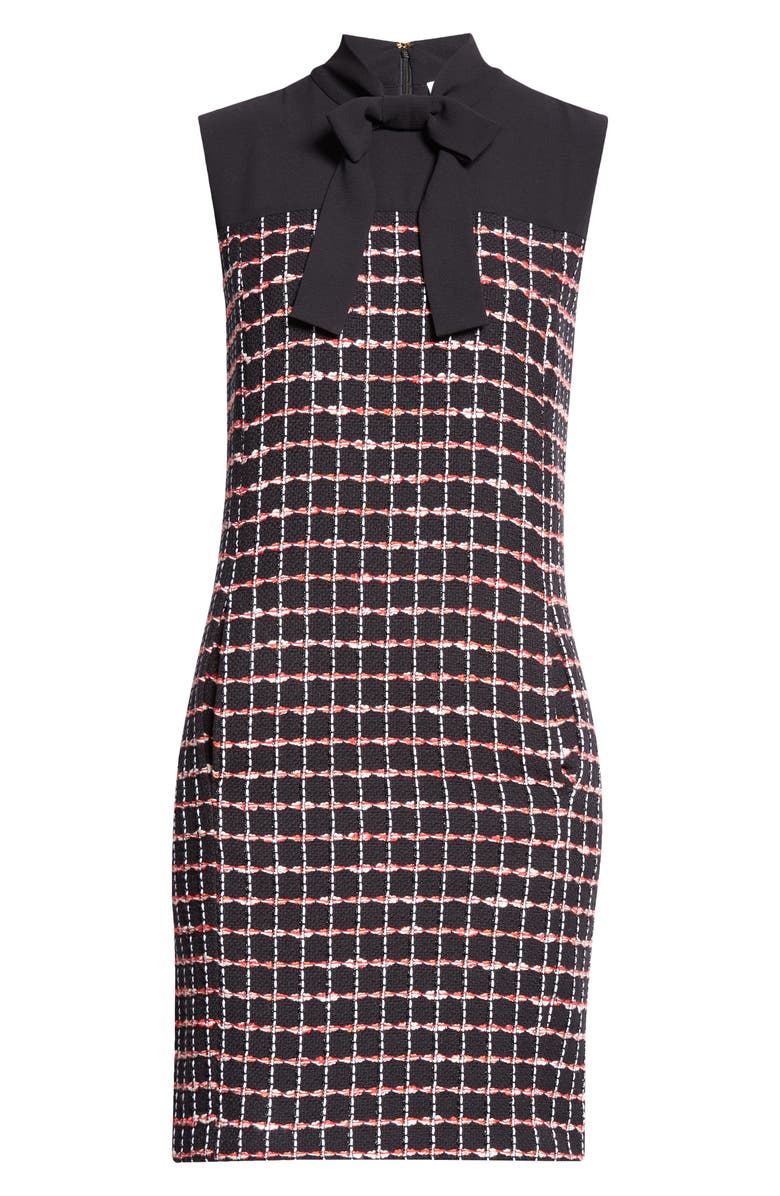 ST. JOHN Windowpane Check Mixed Media Sleeveless Sheath Dress, Alternate, color, Black/ Haute Red/ Pearl Multi