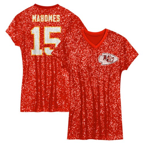 Outerstuff Kids'  Girls Youth Patrick Mahomes Red Kansas City Chiefs Sequin Player Name & Number V-neck Dre