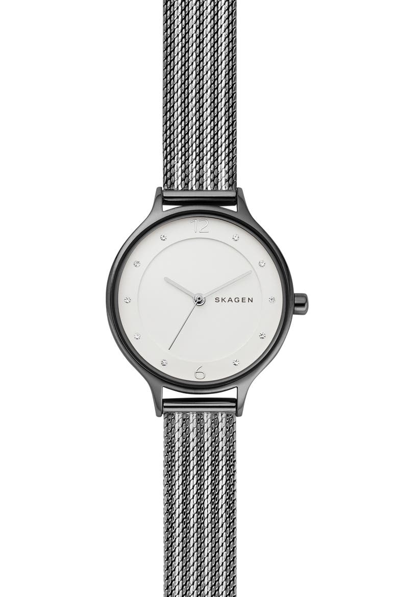 'Anita' Crystal Index Mesh Strap Watch, 30mm, Main, color, GUNMETAL/ SILVER/ WHITE