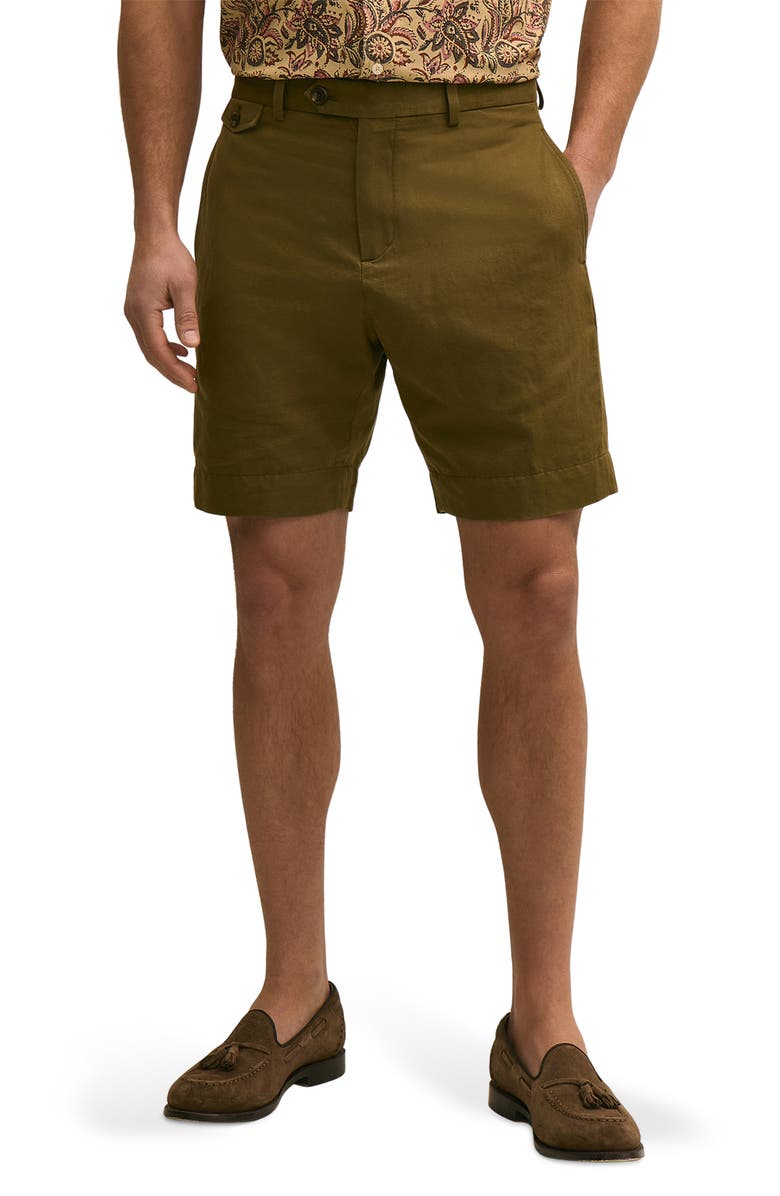 Brooks Brothers Flat Front Linen & Cotton Shorts, Main, color, Dark Olive