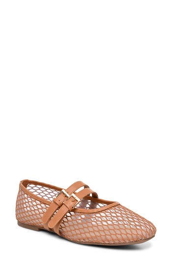Nicole Miller Buckled Mesh Flat In Tan