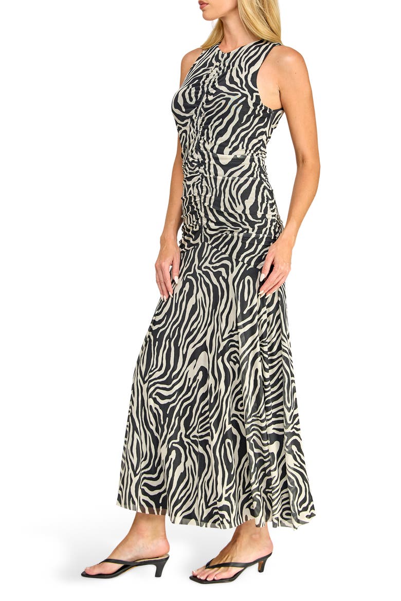 Ruched Mesh Midi Dress, Alternate, color, IVORY BLACK ZEBRA