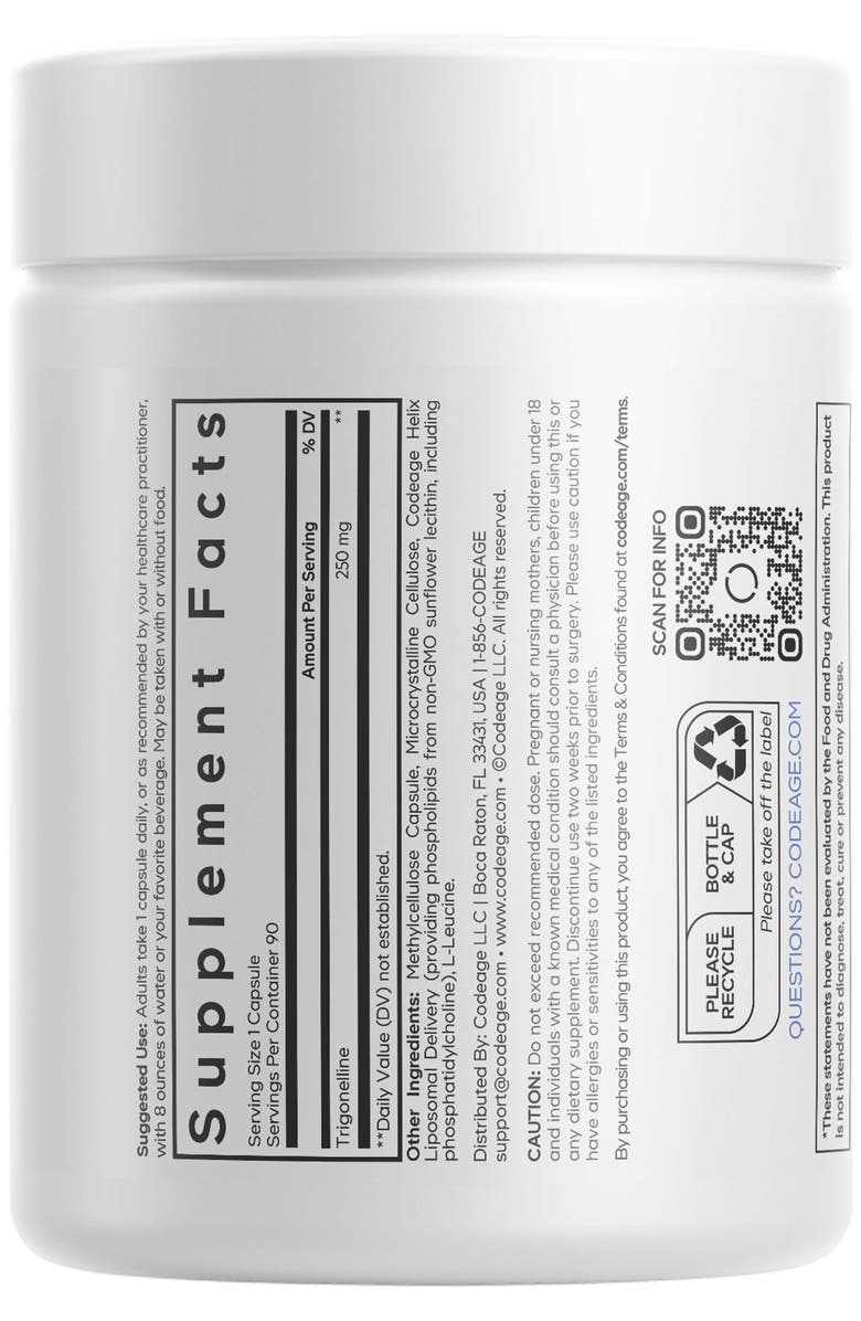 Codeage Liposomal Trigonelline, 250 mg Per Serving, Plant-Based Alkaloid Supplement, Non-GMO, Alternate, color, White