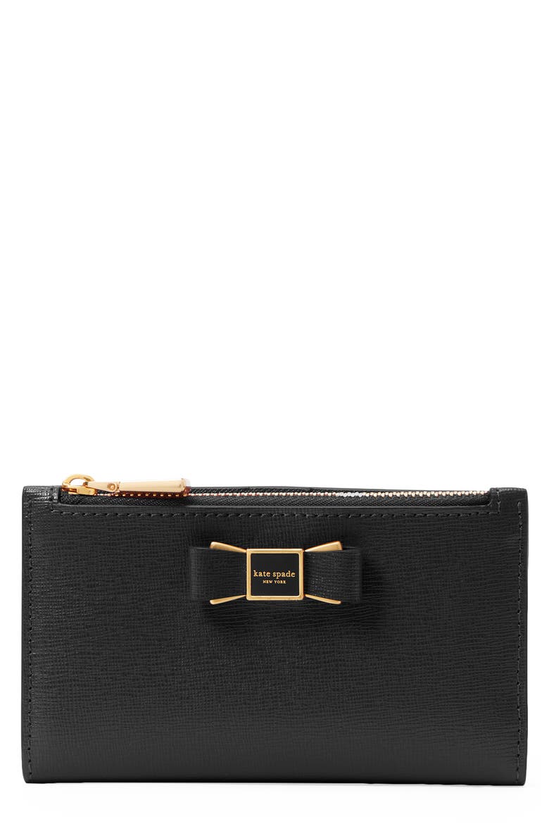 morgan bow small slim leather bifold wallet, Main, color, BLACK