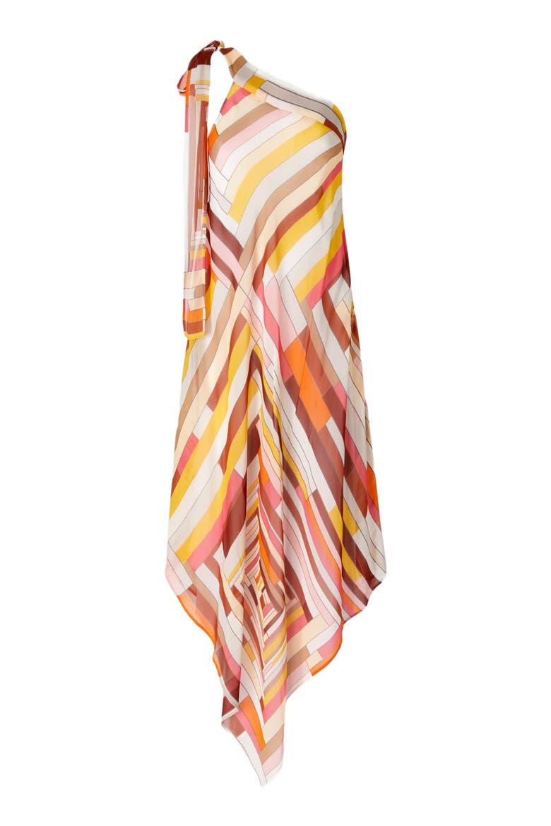 One-shoulder Cover-up Dress In Printed Silk With Scarf Bottom, Alternate, color, Multicoloured