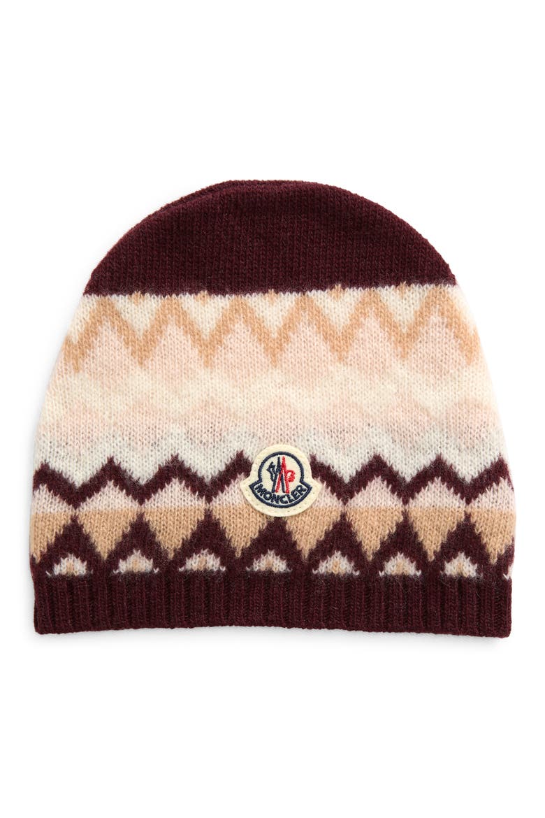Kids' Logo Patch Zigzag Jacquard Virgin Wool Beanie, Main, color, WHITE/ BURGUNDY