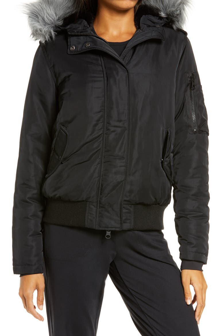 Flight Hooded Bomber Jacket with Faux Fur Trim, Alternate, color, BLACK