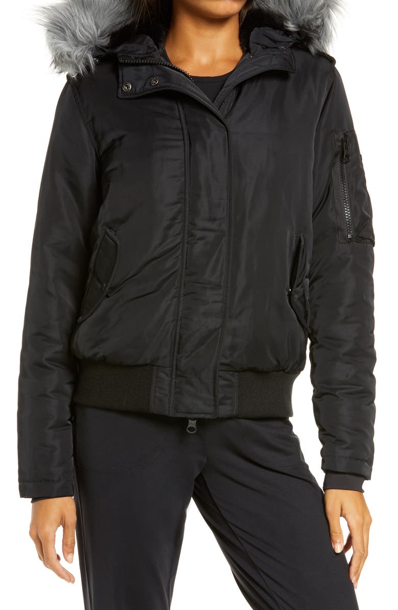 Blanc Noir Flight Hooded Bomber Jacket with Faux Fur Trim, Alternate, color,