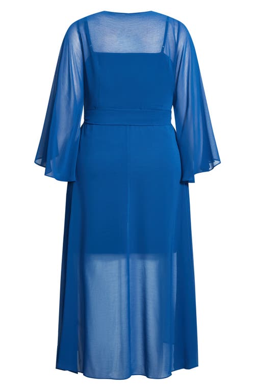 City Chic Long Sleeve Sheer Chiffon Maxi Wrap Dress In Blue