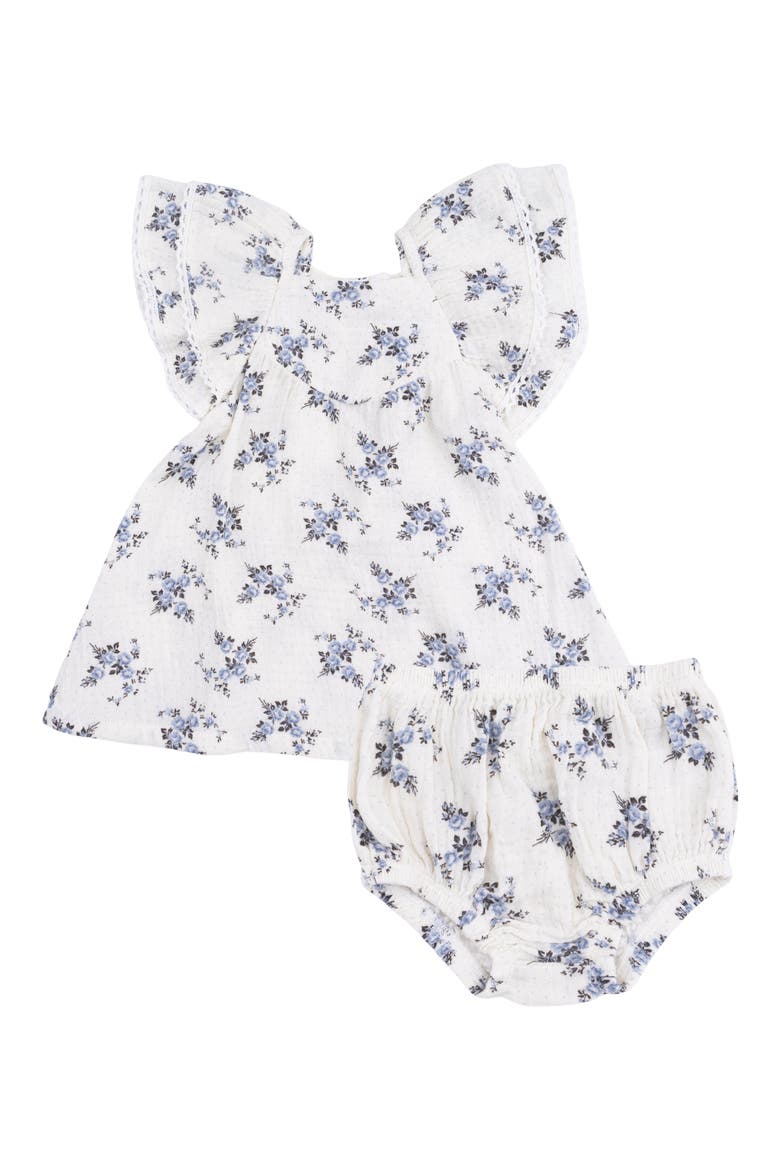 Belle Rosette Dot Dress with Bloomers Set, Main, color, OFF WHITE BLUE