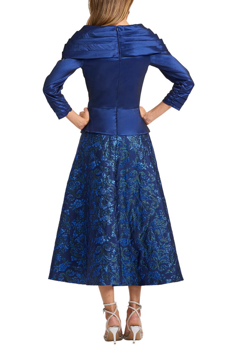 Pleated Shawl Mixed Media Taffeta Floral Jacquard Evening Dress, Alternate, color, NAVY/ MULTI