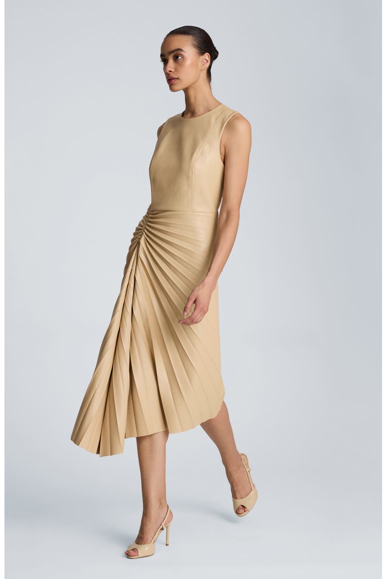 Sunburst Pleat Faux Leather Sleeveless Dress, Alternate, color, BISCOTTI