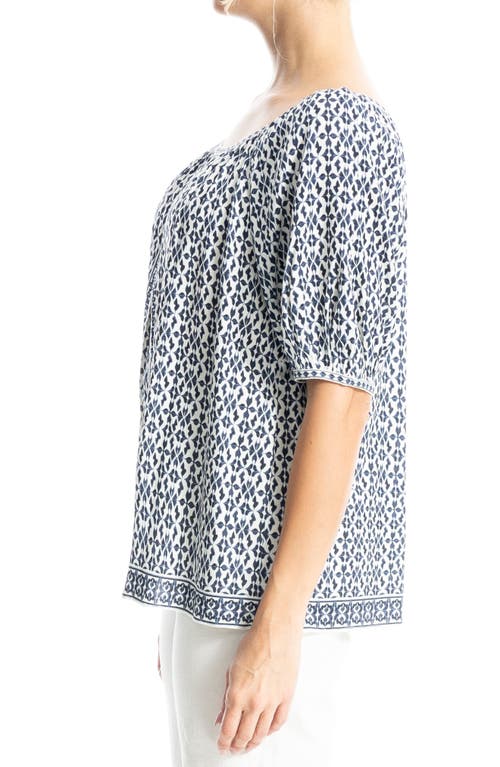 Max Studio Short Bubble Sleeve Blouse In Indgo/crm Ornt Elgnc