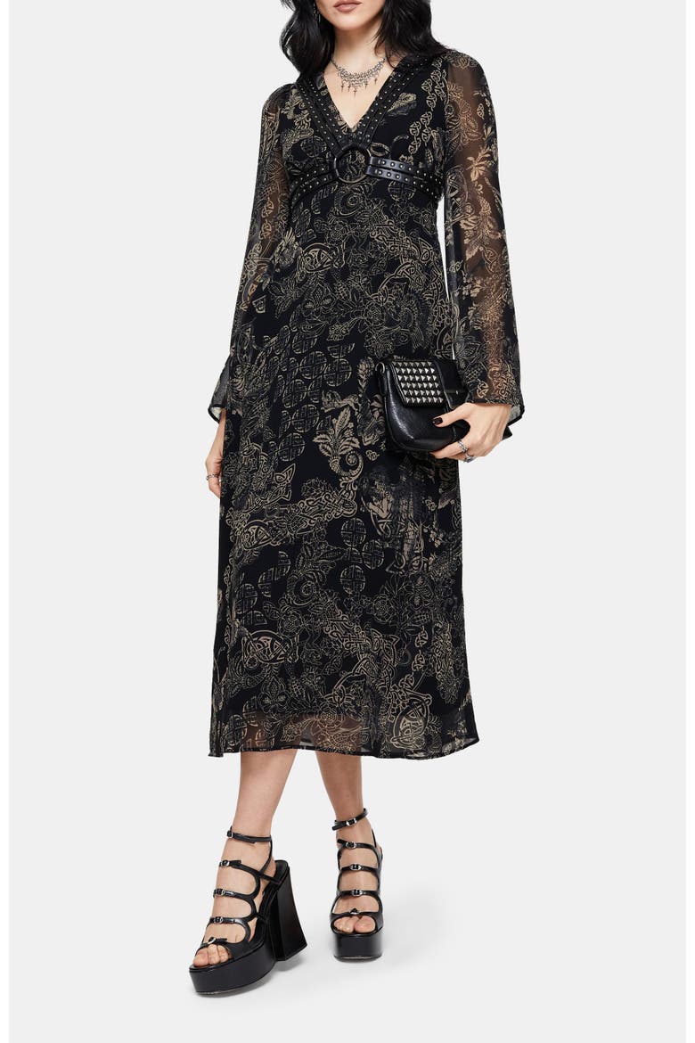 Surge Celtic Ruffle Neck Midi Dress, Alternate, color, Black