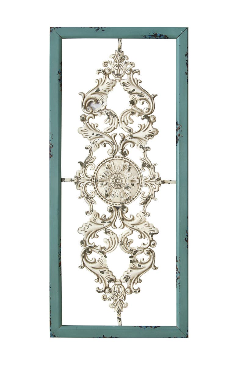 STRATTON HOME DECOR Teal/White Scroll Panel Wall Decor, Main, color, 