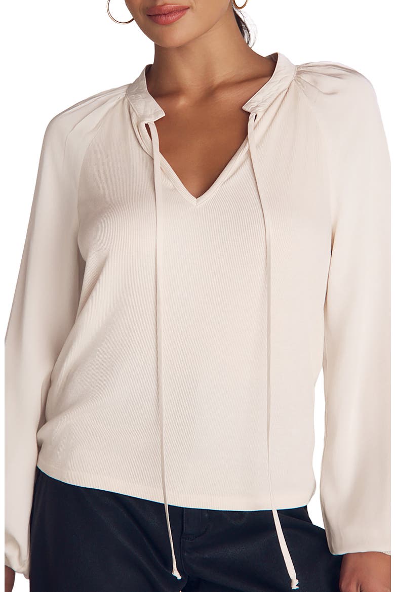 Tie Neck Rib Mixed Media Top, Main, color, IVORY STONE