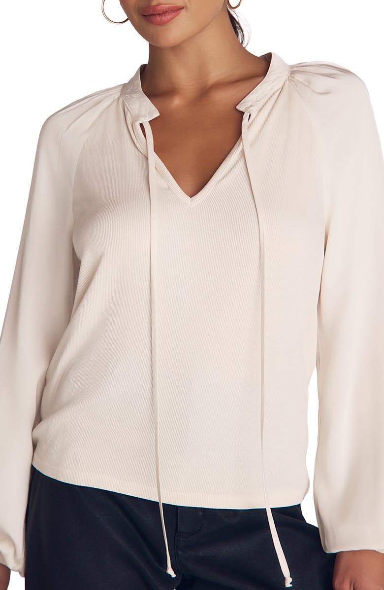 Bella Dahl Tie Neck Rib Mixed Media Top, Main, color, Ivory Stone