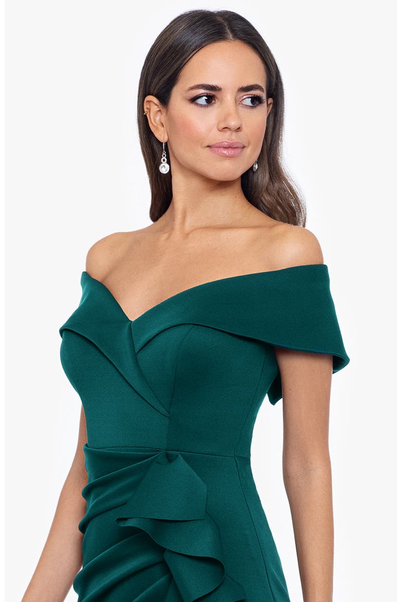 Off the Shoulder Ruffle Scuba Crepe Gown, Alternate, color, HUNTER