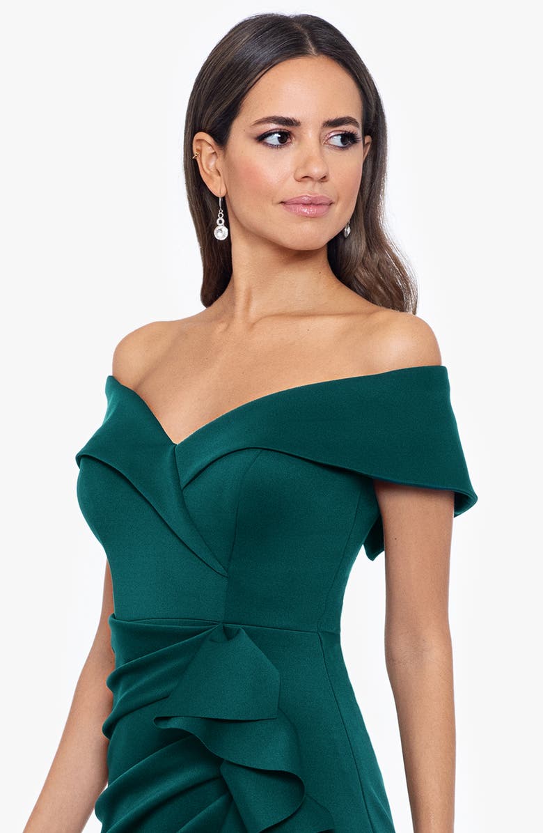 Xscape Evenings Off the Shoulder Ruffle Scuba Crepe Gown, Alternate, color, Hunter