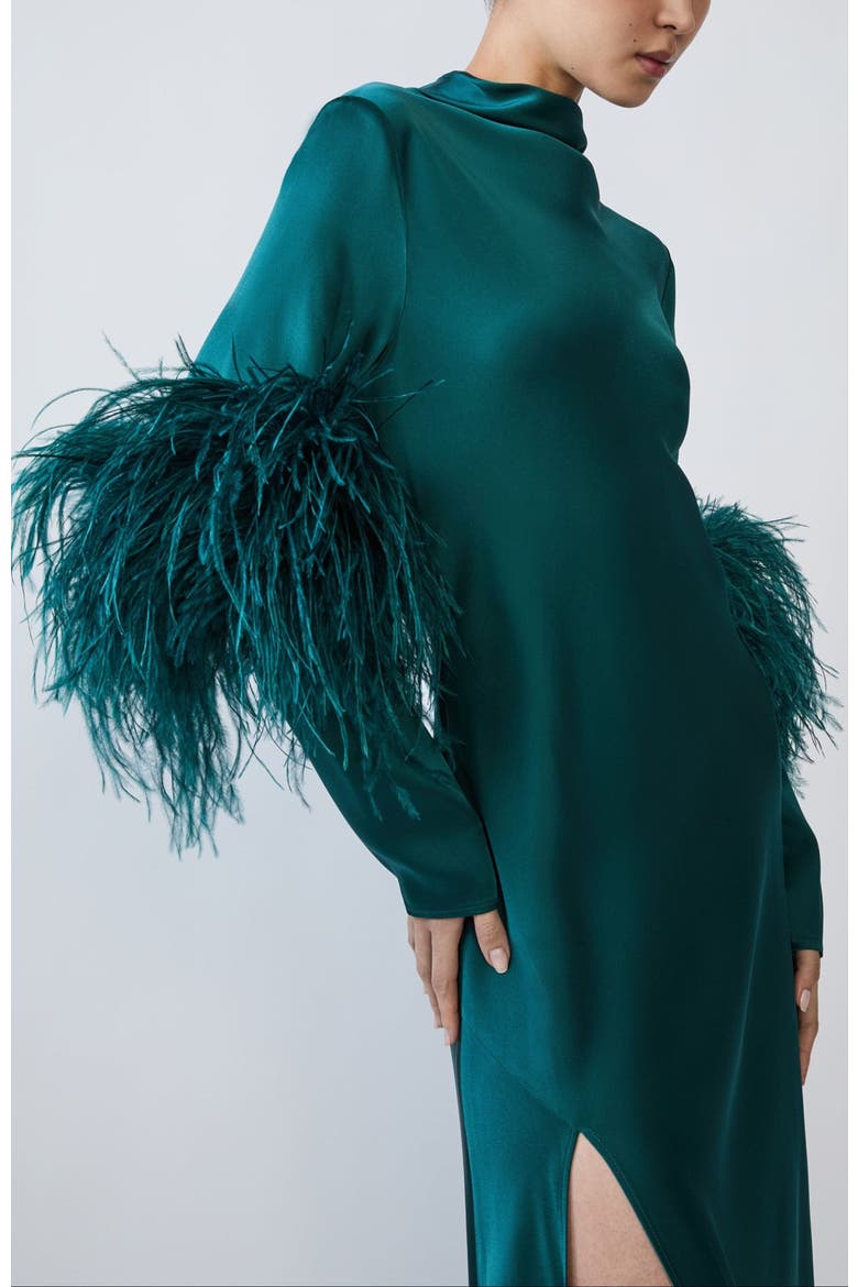 Satin Draped Neck Bias Dress With Feathers, Alternate, color, Emerald