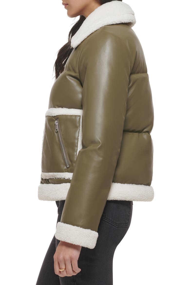 Faux Leather Puffer Jacket with Faux Shearling Trim, Alternate, color, OLIVE