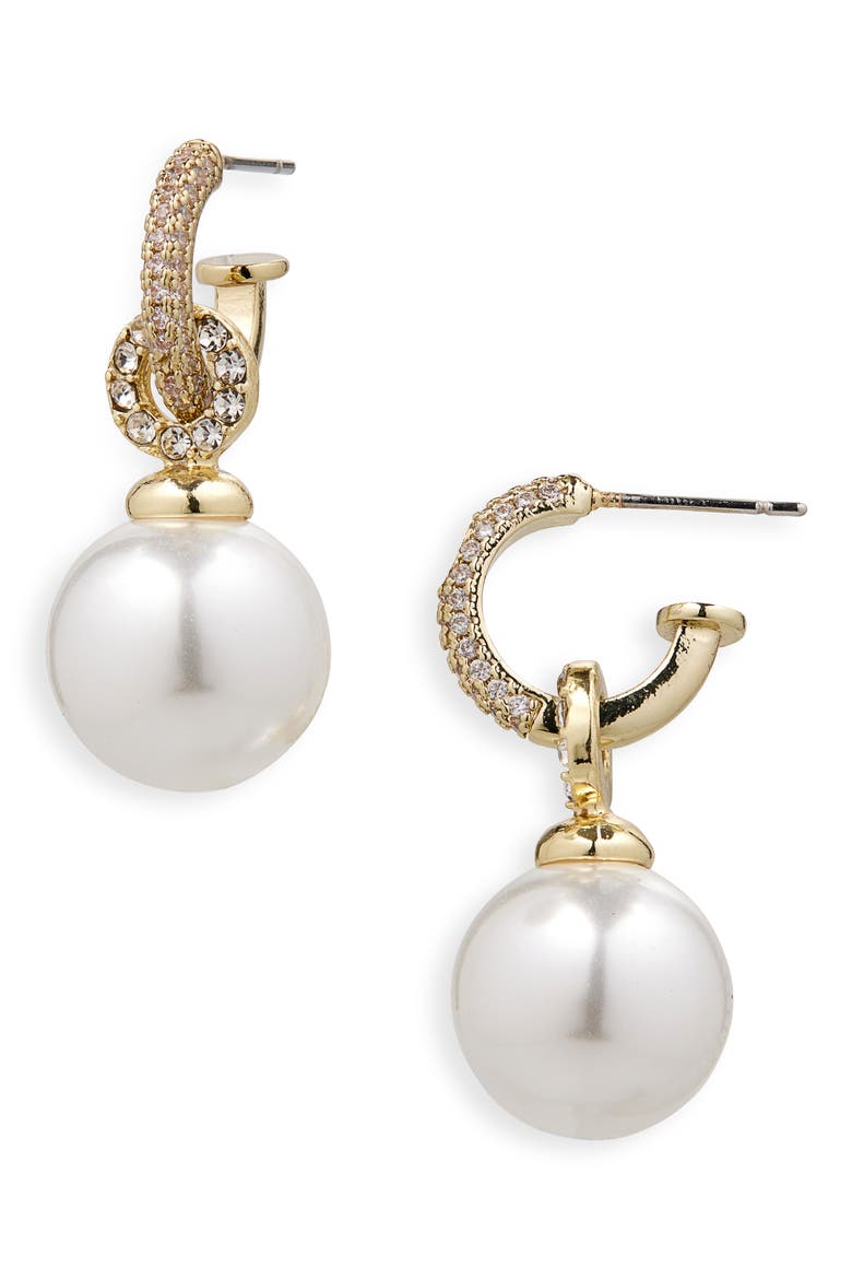 Faux Pearl Drop Pavé Cubic Zirconia Hoop Earrings, Main, color, CLEAR- WHITE- GOLD
