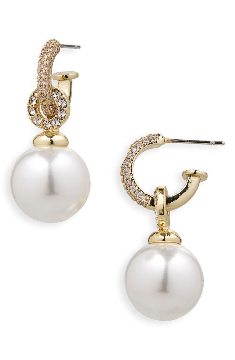 NORDSTROM RACK Faux Pearl Drop Pavé Cubic Zirconia Hoop Earrings, Main, color, Clear- White- Gold