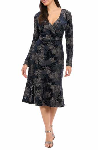 London Times Floral Burnout V-Neck Long Sleeve Faux Wrap Dress