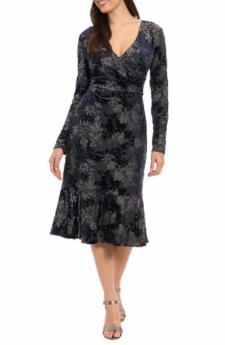 London Times Floral Burnout V-Neck Long Sleeve Faux Wrap Dress