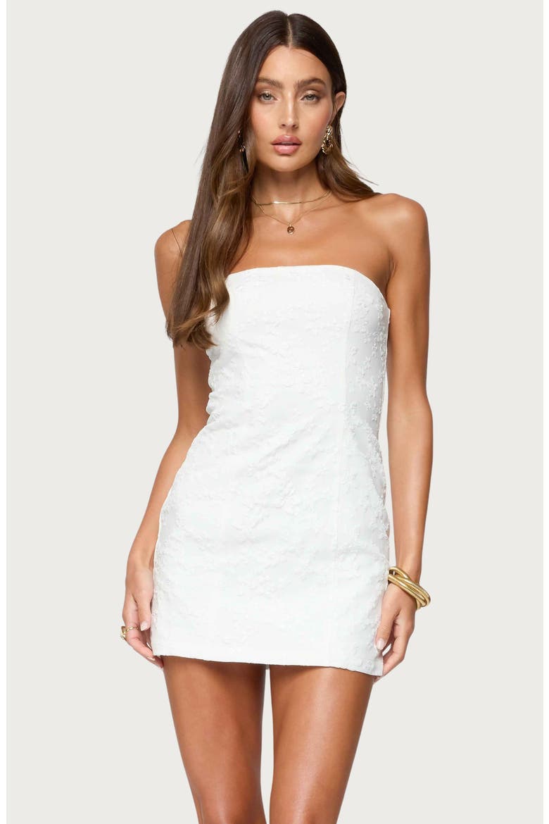 Textured Floral Strapless Minidress, Alternate, color, WHITE