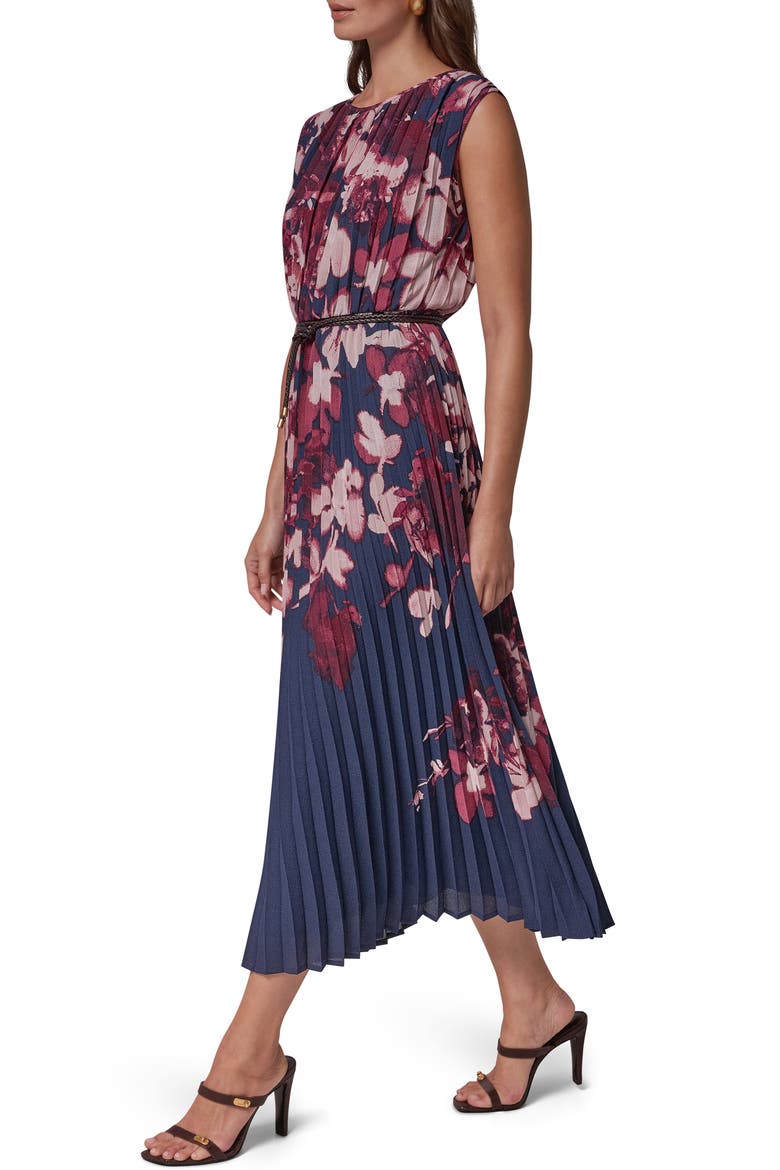 Placed Floral Pleated Chiffon Midi Dress, Alternate, color, NAVY/ BLCK