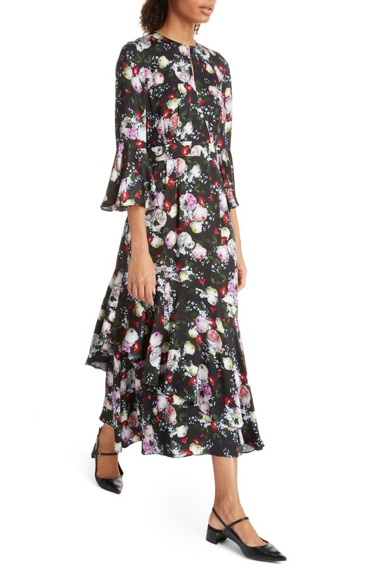 Ruffle Detail Floral Print Satin Midi Dress, Alternate, color, BLACK/ MULTI