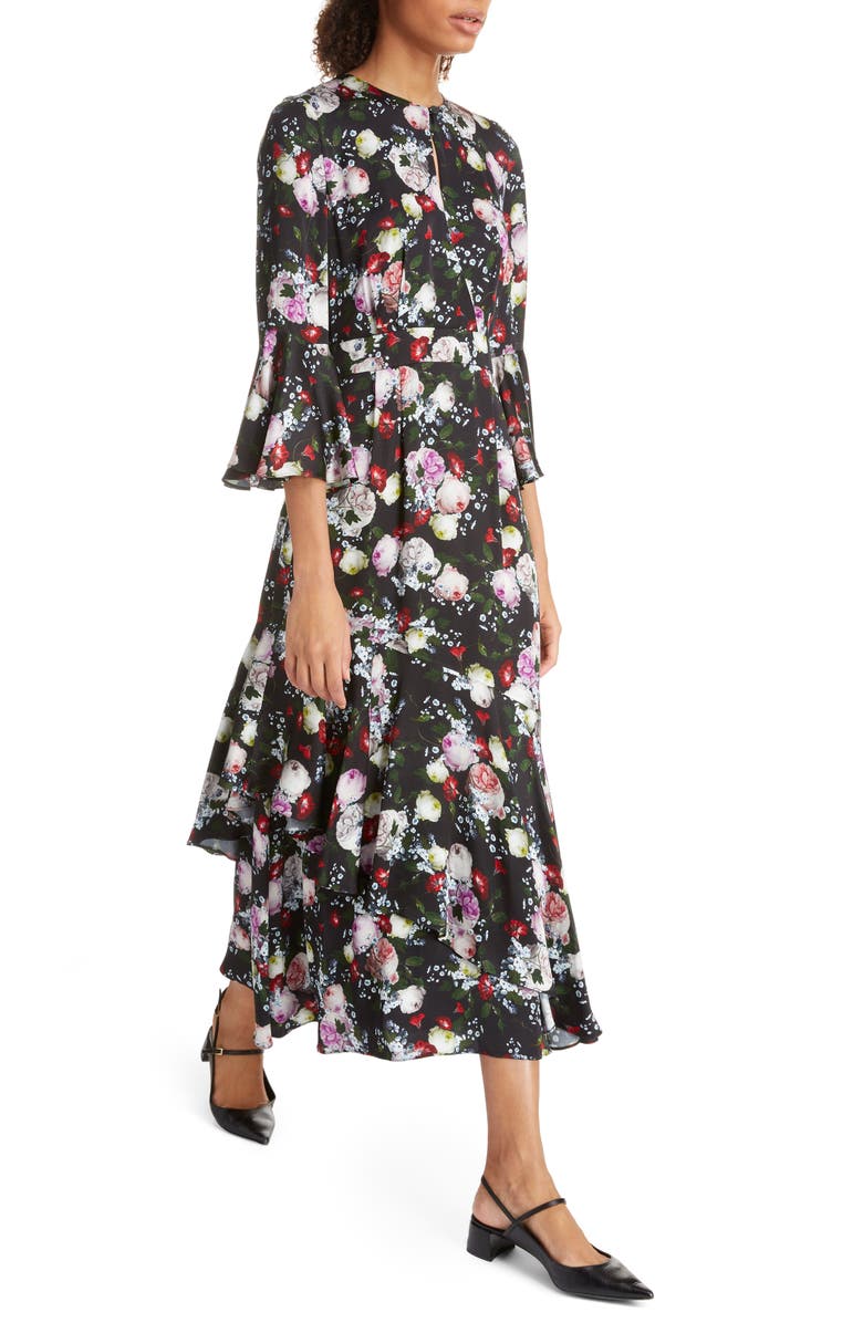 Erdem Ruffle Detail Floral Print Satin Midi Dress, Alternate, color, 