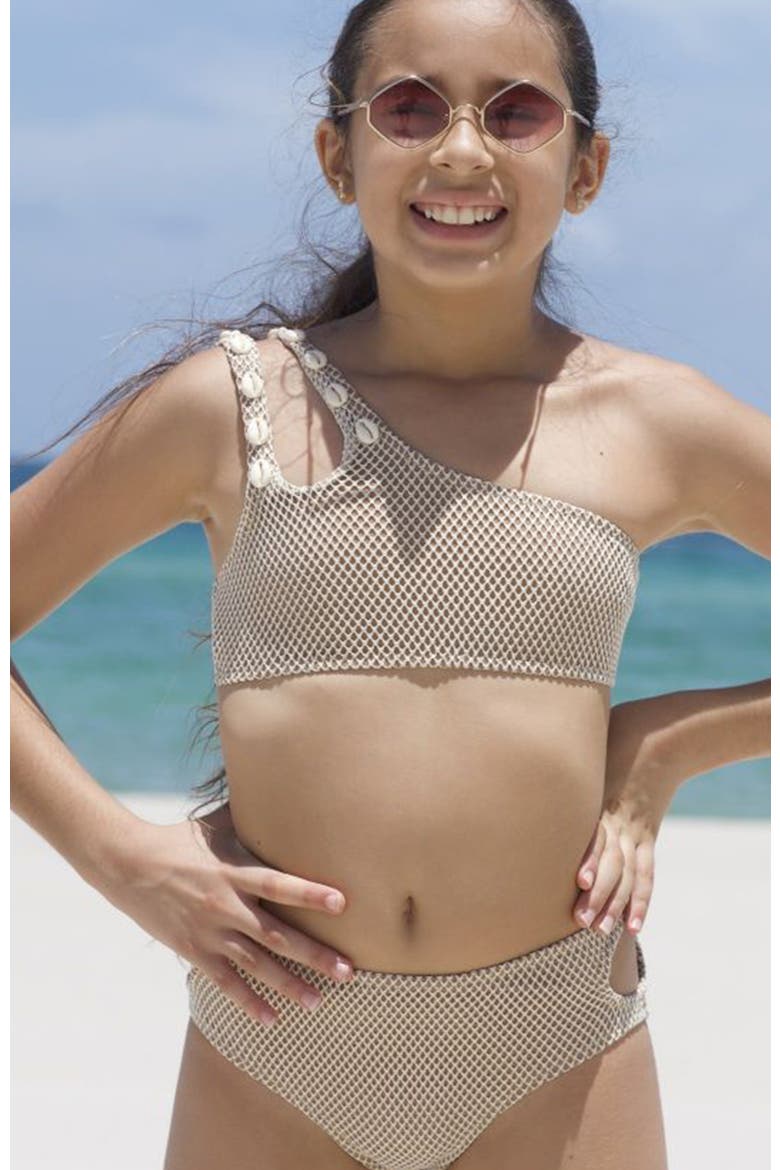 Kids' Double Strap Mesh Design Two-Piece Swimsuit, Alternate, color, Beige