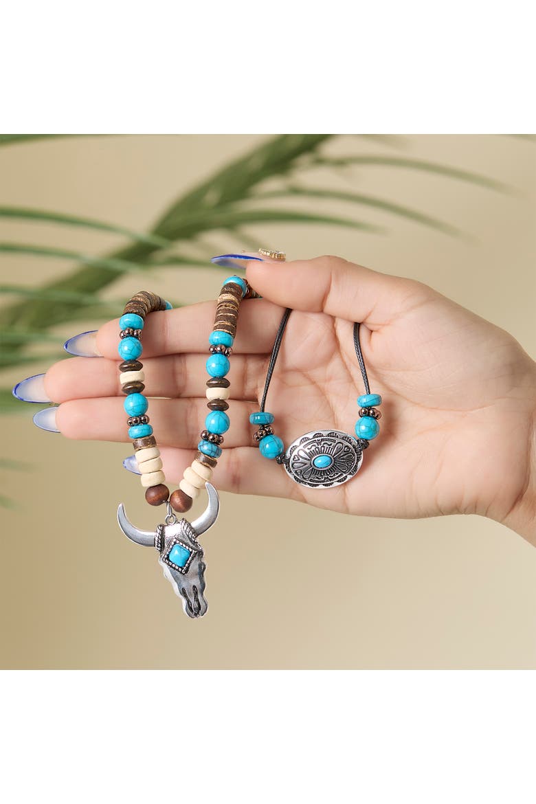 JS Jessica Simpson Beaded Layered Necklace in Turquoise and Amber Hues, Alternate, color, Multicolor