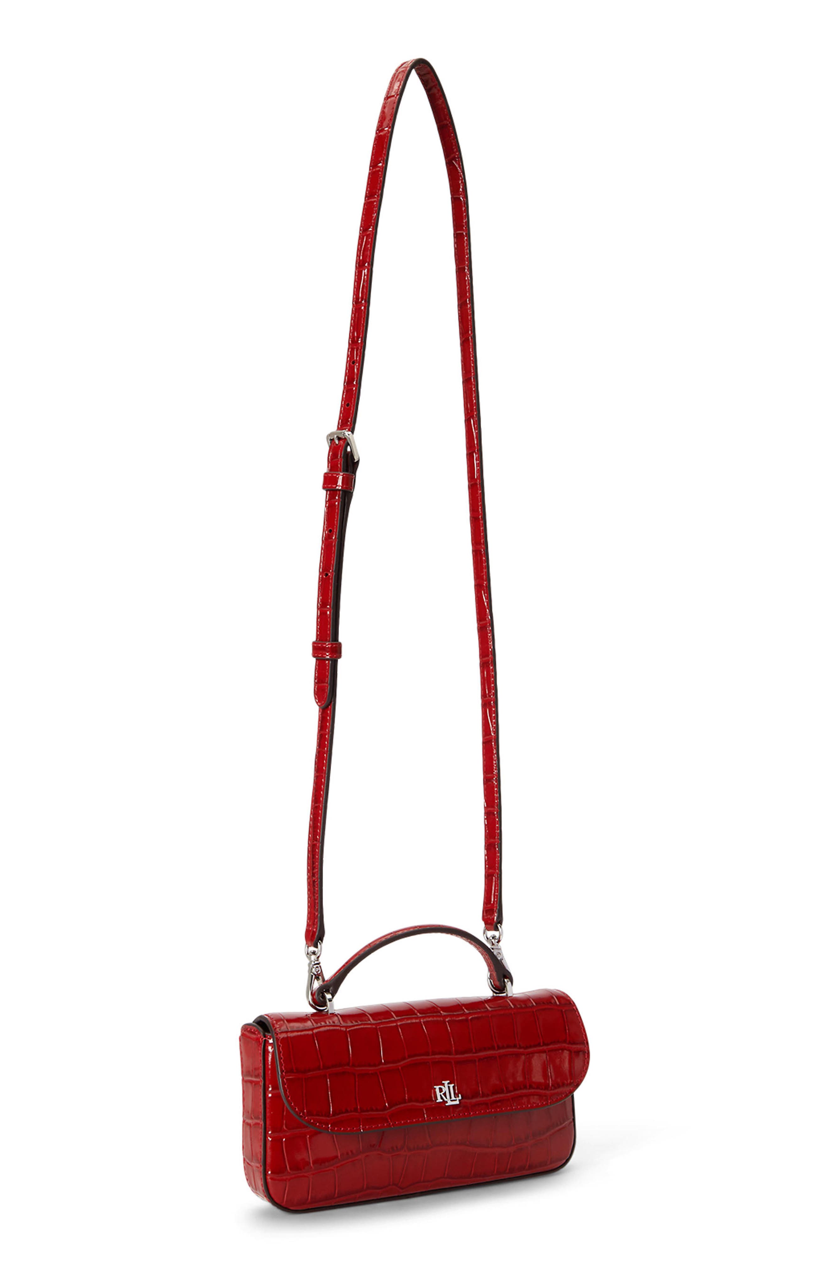 Marcy Croc Embossed Leather Top Handle Bag, Alternate, color, RED