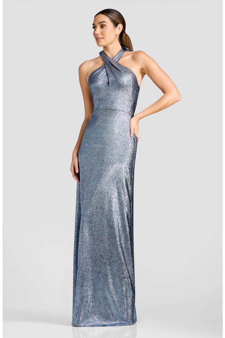 Brighton Metallic Halter Gown, Alternate, color, BLUE