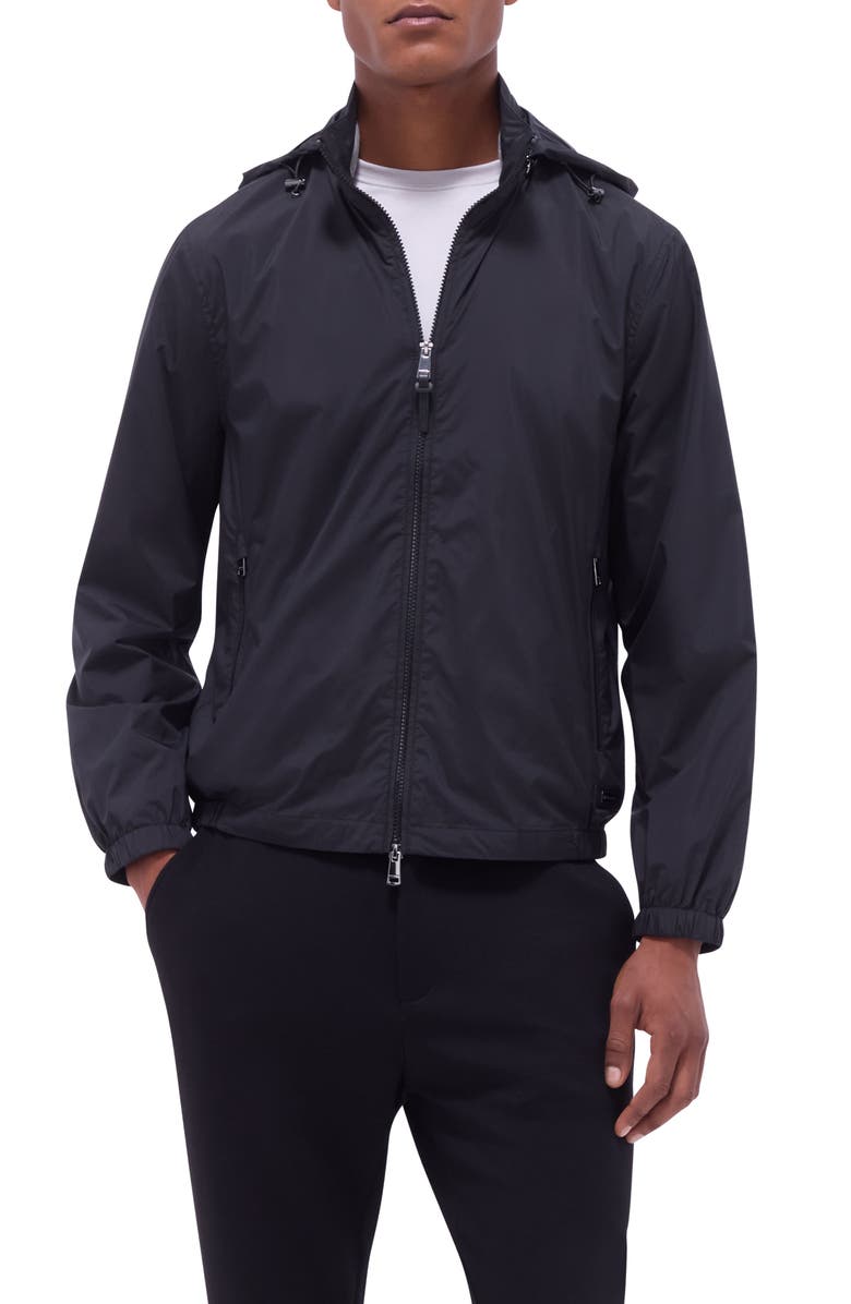 Bugatchi Water Repellent Packable Jacket with Removable Hood, Main, color, Black