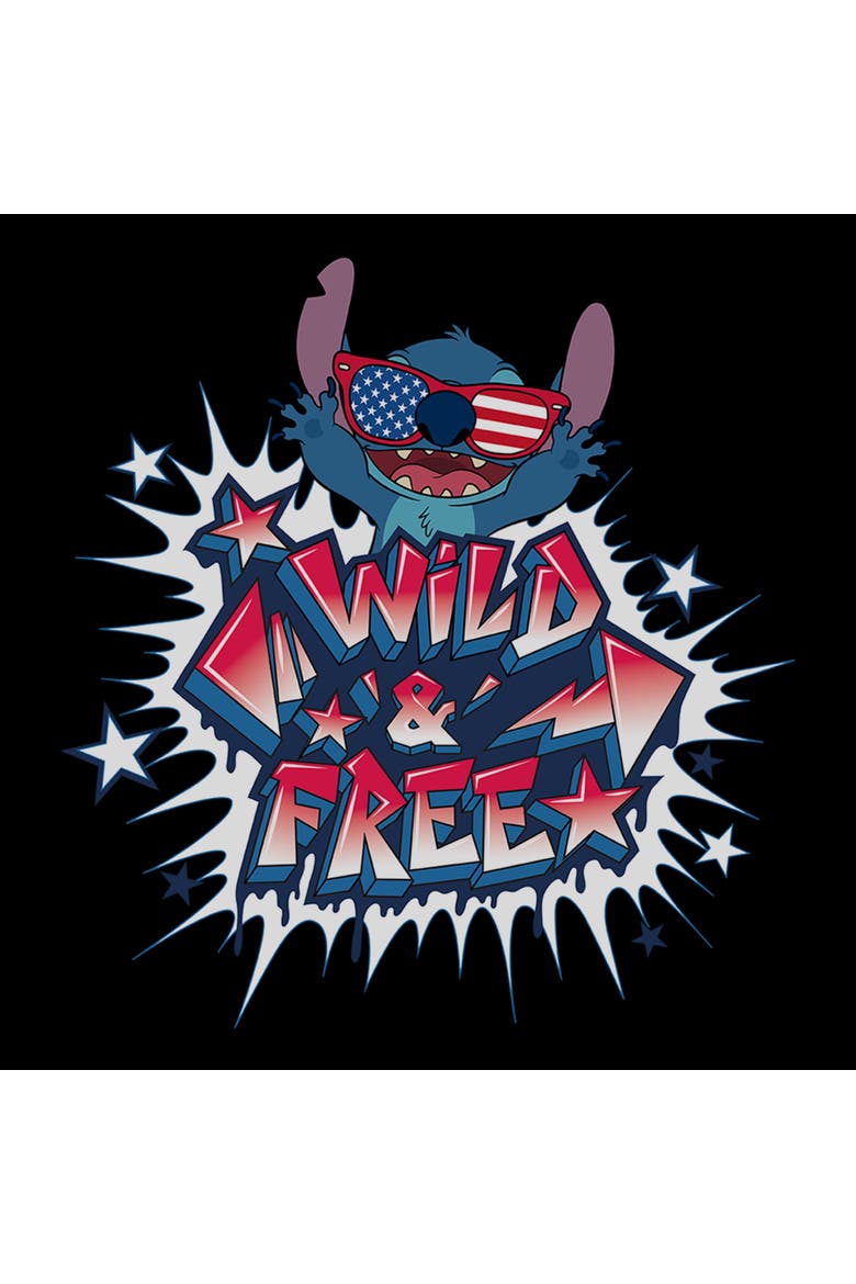 Junior's Lilo & Stitch Troublemaker Wild and Free  Graphic T-Shirt, Alternate, color, Black