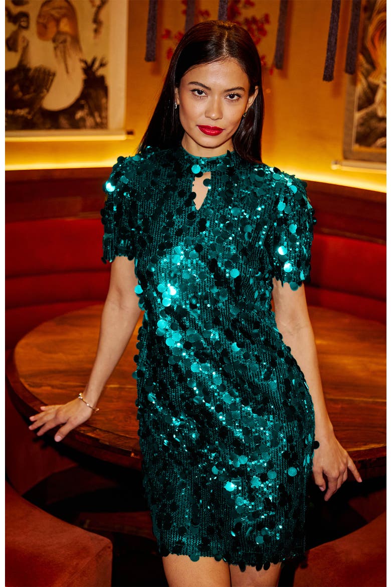 Sequin Short Sleeve Tunic Dress, Alternate, color, Green