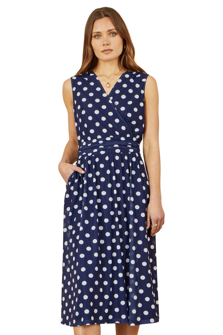 Polka Dot Mesh Wrap Skater Dress, Alternate, color, Navy