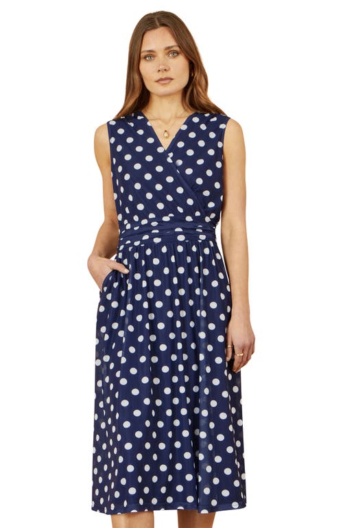 Yumi Polka Dot Mesh Wrap Skater Dress In Blue