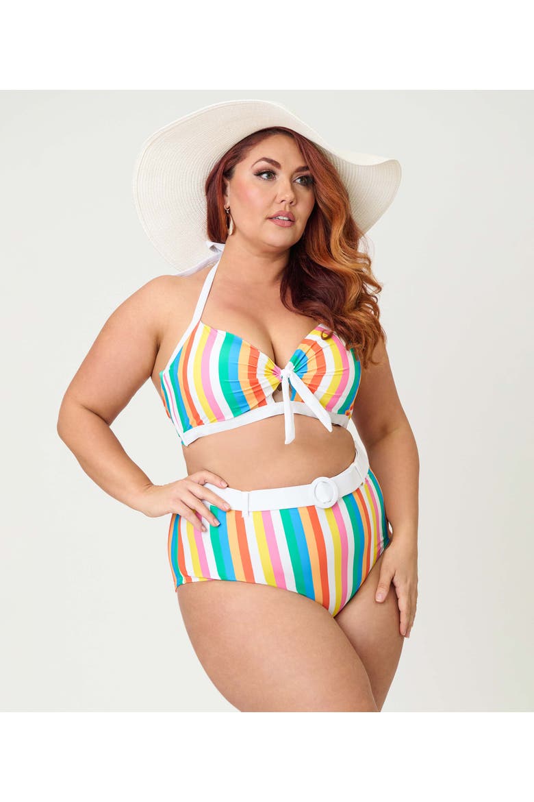 Plus Size Bow Halter Swim Top, Alternate, color, Blue Rainbow Stripe