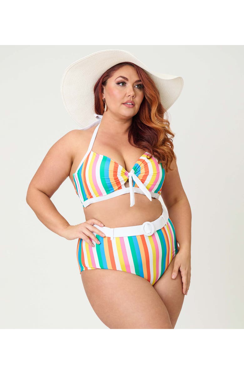 Unique Vintage Plus Size Bow Halter Swim Top, Alternate, color, Blue Rainbow Stripe