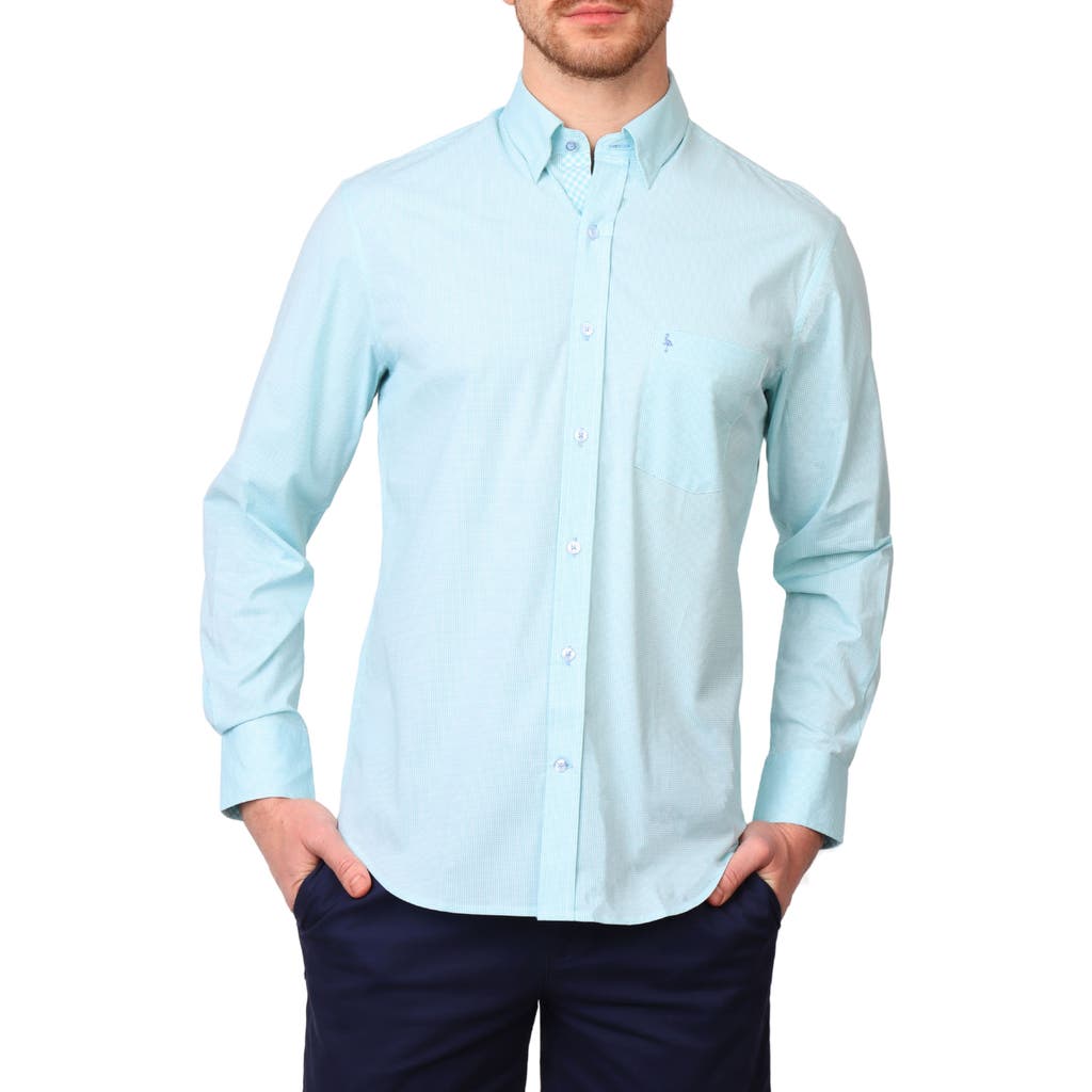 Tailorbyrd Micro Gingham Stretch Cotton Button-up Shirt In Seafoam